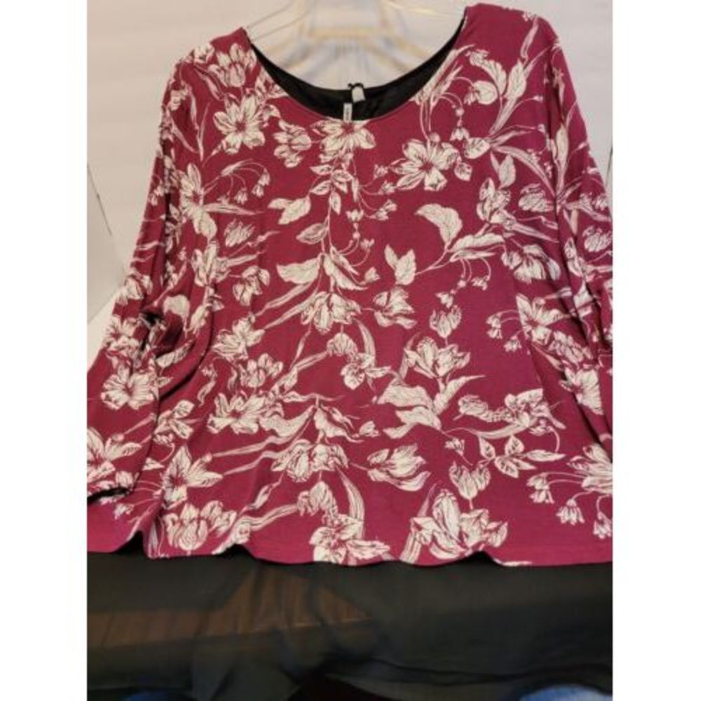 Capsule Layered Blouse Womens‎ 26 Burgundy Floral Split Back Excellent Long Slve